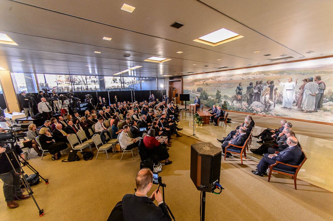 (Trent Nelson | The Salt Lake Tribune)  Dallin H. Oaks, Russell M. Nelson, and Henry B. Eyring at a news conference in the lobby of the Church Office Building in Salt Lake City, Tuesday January 16, 2018. Nelson was named the 17th president of the nearly 16 million-member Church of Jesus Christ of Latter-day Saints. Oaks was named First Counselor in the First Presidency and Eyring Second Counselor in the First Presidency.