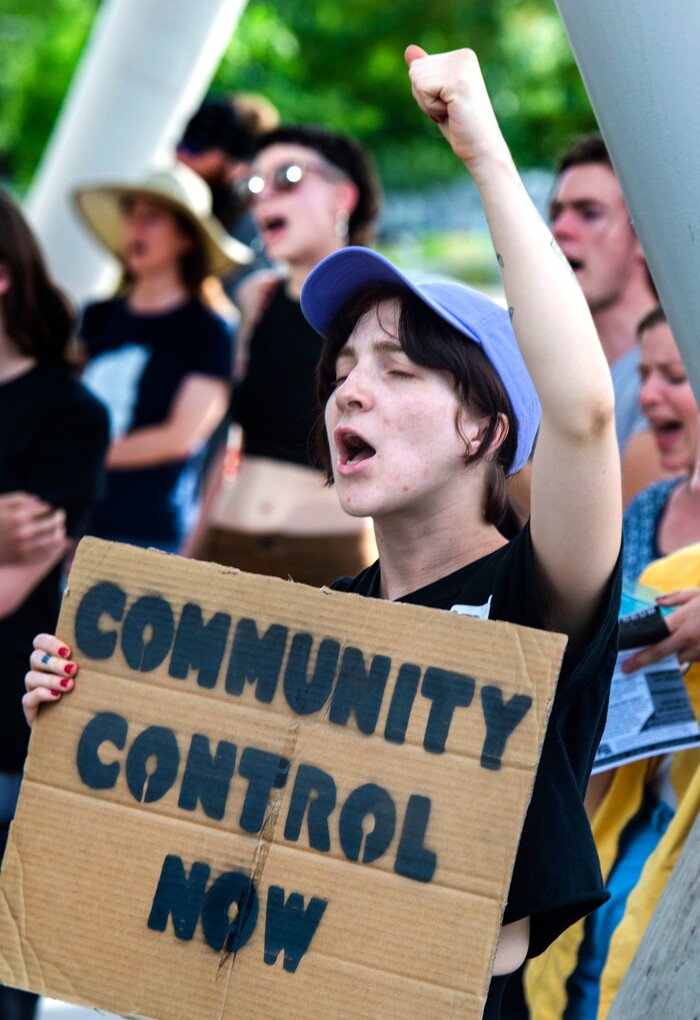 (Rick Egan  |  The Salt Lake Tribune)     Carly Haldeman shouts "stand up fight back" during a rally sponsored by Utah Against Police Brutality, which included several protesters that talked about their experience being attacked by Salt Lake City Policemen, at the Inland port protest.
Tuesday, July 23, 2019.


Carly Haldeman