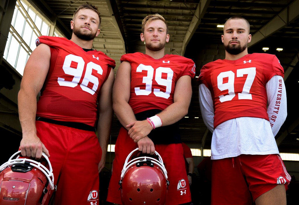 (Leah Hogsten  |  The Salt Lake Tribune) University of Utah football team kickers, from left, Nels Haltom, Andrew Strauch and Jadon Redding on August 9, 2019.