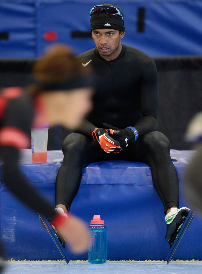 (Francisco Kjolseth | The Salt Lake Tribune) Stephen Paul, a speedskater from India, takes a break during a recent morning training session at the Kearns Olympic Oval. Paul is trying to become the first person ever from his country in his sport to qualify for the Winter Olympics in PyeongChang 2018, South Korea.