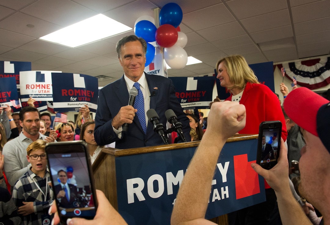 (Rick Egan  |  The Salt Lake Tribune)   Mitt Romney gives his victory speech, 30 minute after the polls closed, at the Romney Headquarters, in Orem, on election night, Tuesday, Nov. 6, 2018.