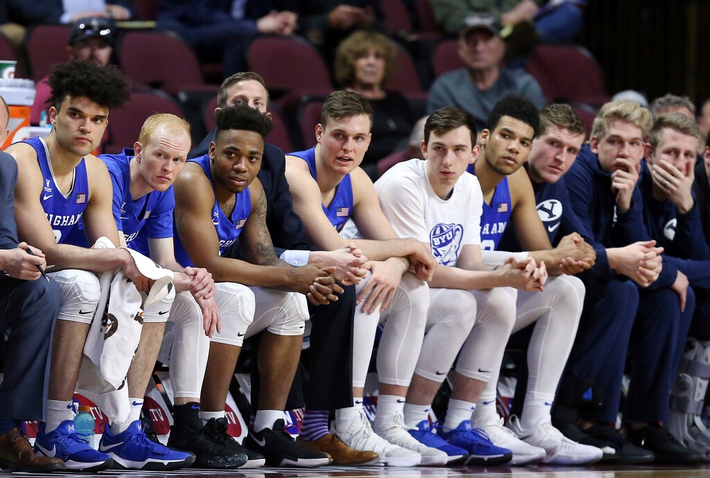 The BYU bench watches during the final minutes of the second half of the West Coast Conference tournament championship NCAA college basketball game against Gonzaga Tuesday, March 6, 2018, in Las Vegas. Gonzaga defeated BYU 74-54. (AP Photo/Isaac Brekken)