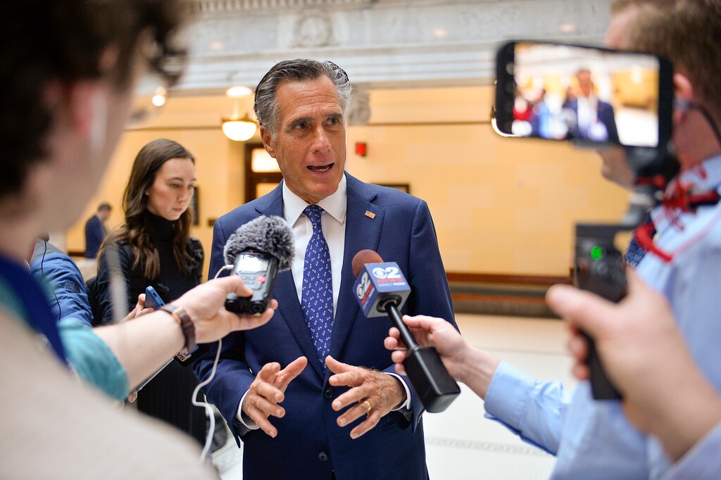 (Chris Samuels | The Salt Lake Tribune) U.S. Sen. Mitt Romney speaks to media after a visit  to the Utah Capitol in Salt Lake City, Tuesday, Feb. 21, 2023.