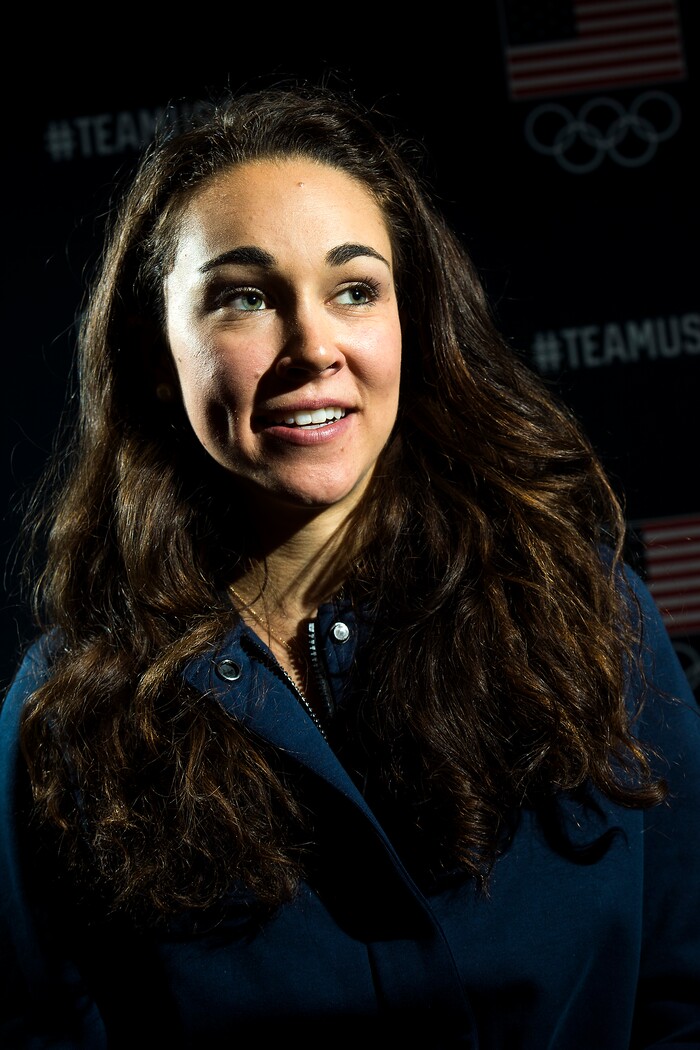 (Chris Detrick  |  The Salt Lake Tribune)  Ski jumping athlete Sarah Hendrickson speaks during the Team USA Media Summit at the Grand Summit Hotel in Canyons Village Tuesday, September 26, 2017.