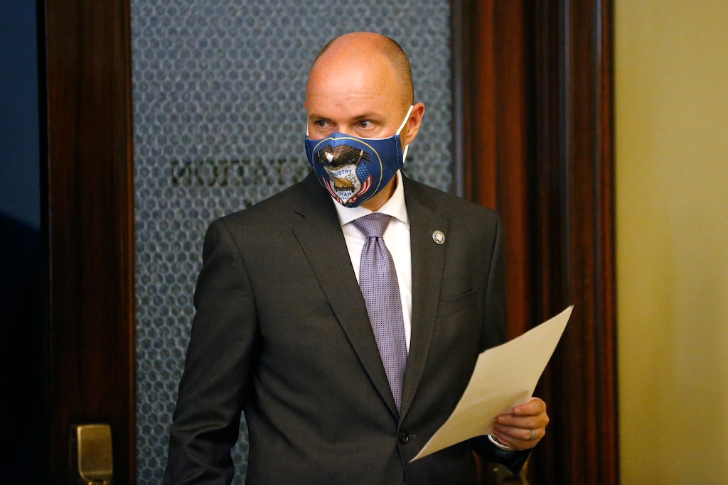 (Rick Bowmer | AP, pool) Utah Lt. Gov. Spencer Cox wears a mask as he waits before the start of a Spanish language briefing on the state's efforts to fight COVID-19 Thursday, June 25, 2020, in Salt Lake City.