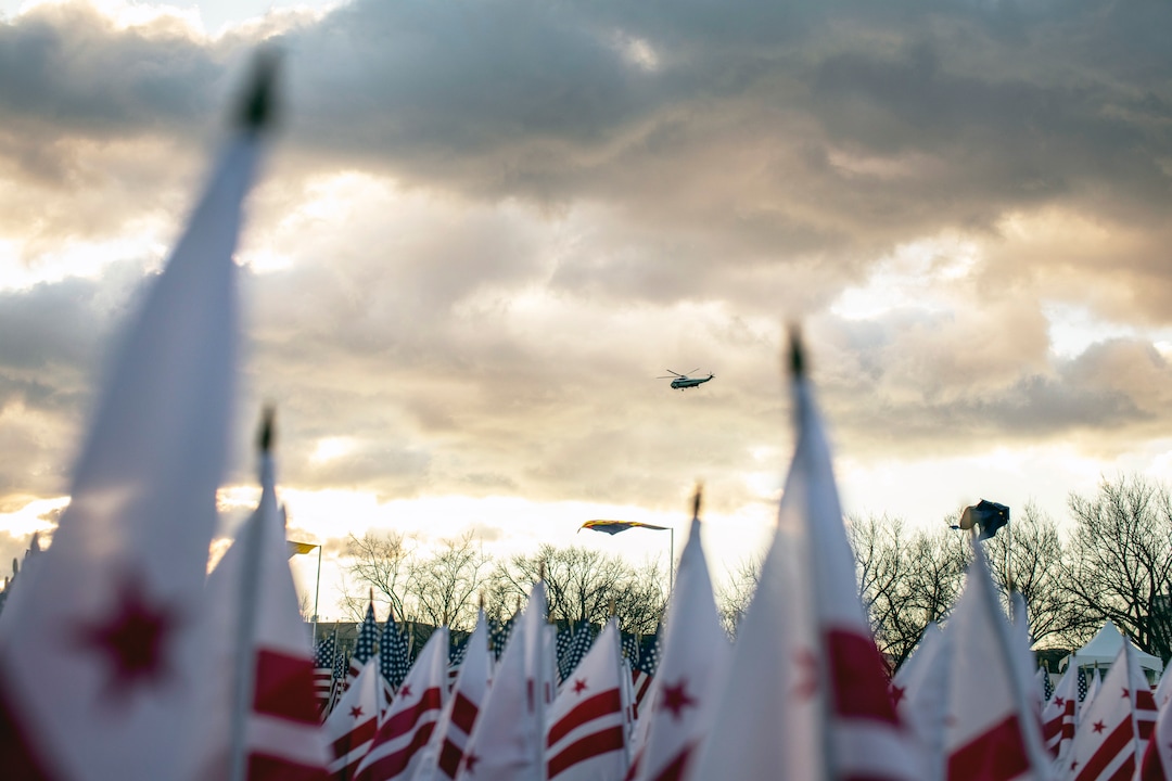 Marine One, carrying President Donald Trump, departs from the White House on Wednesday morning, Jan. 20, 2021, hours before the presidential inauguration of Joe Biden. Defeated and twice impeached, the 45th president used his farewell remarks before a sparse crowd to brag about his record and wish luck to the incoming administration. (Jason Andrew/The New York Times)