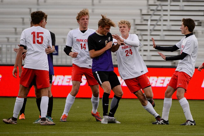 (Trent Nelson | The Salt Lake Tribune)  A scuffle breaks out in the final minutes. Desert Hills vs. Park City High School, Saturday May 12, 2018.