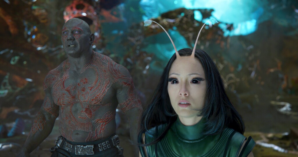 (Disney-Marvel via Associated Press) David Bautista, left, and Pom Klementieff in a scene from "Guardians of the Galaxy Vol. 2." Klementieff is one of the celebrities scheduled to appear at the spring edition of FanX, Salt Lake City's comic convention, set for April 19 and 20, 2019.