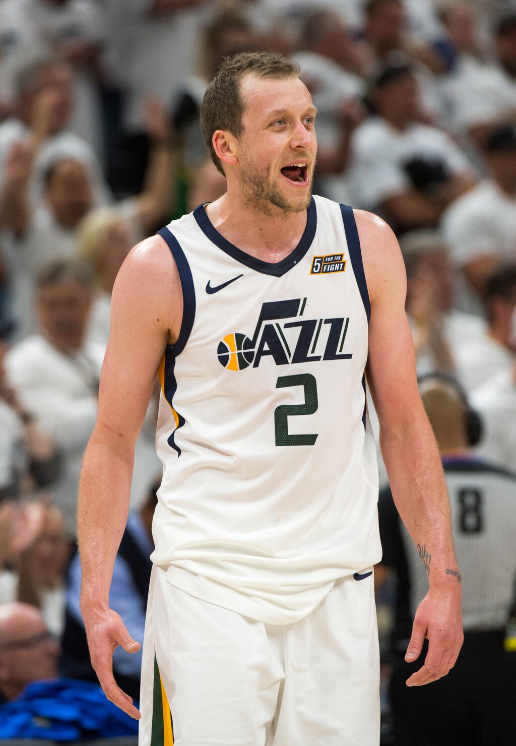 (Rick Egan  |  The Salt Lake Tribune) Utah Jazz forward Joe Ingles (2) reacts as the Jazz take a commanding lead in game 4, NBA playoff action between Utah Jazz and Oklahoma City Thunder, in Salt Lake City, Monday, April 23, 2018.