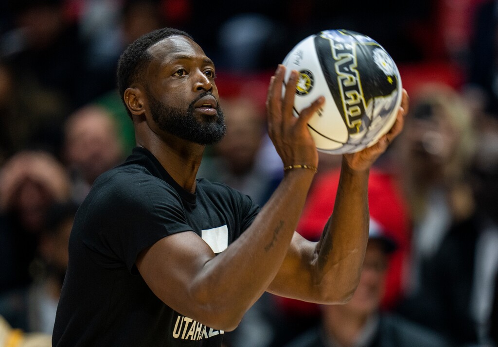 (Rick Egan | The Salt Lake Tribune) DK Dwyane Wade shoots the ball in the 3-point contest, during the NBA All-Star Celebrity Game, at the Jon M. Huntsman Center, on Friday, Feb. 17, 2023.