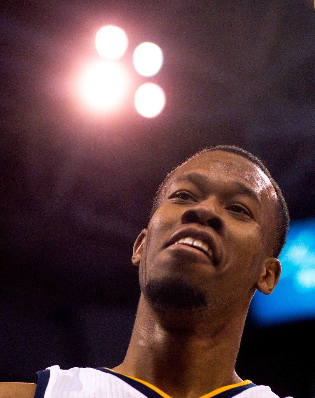 Steve Griffin  |  The Salt Lake TribuneUtah Jazz guard Rodney Hood (5) smiles after banking in a long three-pointer as the buzzer sounded ending the first quarter during the final game of the 2017 season against the San Antonio Spurs at Vivint Smart Home Arena in Salt Lake City Wednesday April 12, 2017.
