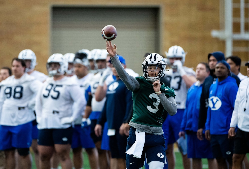 (Jaren Wilkey | BYU) Jaren Hall participates in BYU football spring practice in Provo, Monday, Feb. 28, 2022.