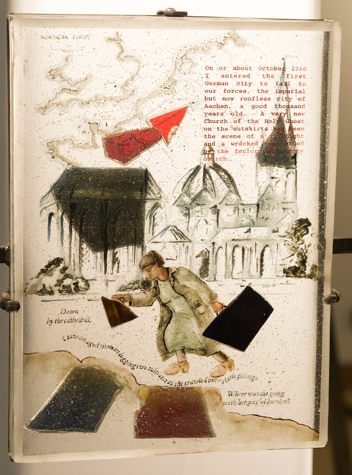 (Rick Egan  |  The Salt Lake Tribune)      Aachen Germany, Church of the Holy Ghost, is part of the the McDonald Windows, stained glass exhibit, "Remembered Light," which features fragments from World War II windows. The exhibit brought to Utah by the Salt Lake Interfaith Roundtable & the Peace Committee of the Utah District of Rotary International. The exhibit runs through Nov 17, at 175 South Main, in Salt Lake City. Monday, Oct. 29, 2018.




