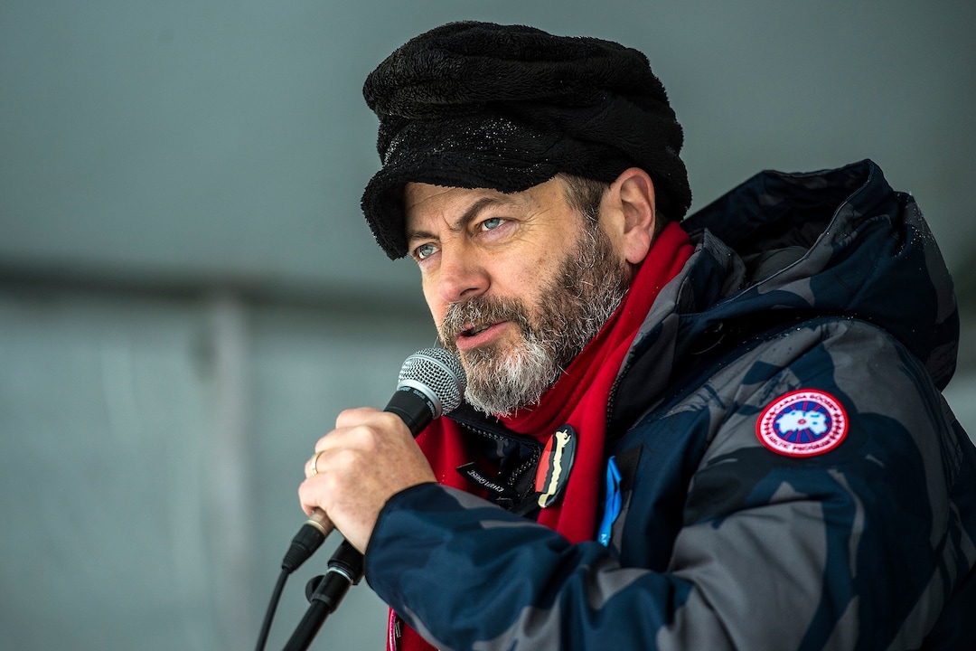 (Chris Detrick  |  The Salt Lake Tribune)  Actor Nick Offerman speaks during the Respect Rally Park City at City Park on Saturday, Jan. 20, 2018.