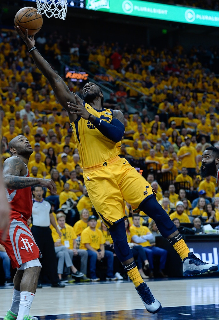 (Francisco Kjolseth | The Salt Lake Tribune) Utah Jazz forward Jae Crowder (99) stretches out for a shot over Houston Rockets in Game 4 of the NBA playoffs at the Vivint Smart Home Arena Sunday, May 6, 2018 in Salt Lake City.