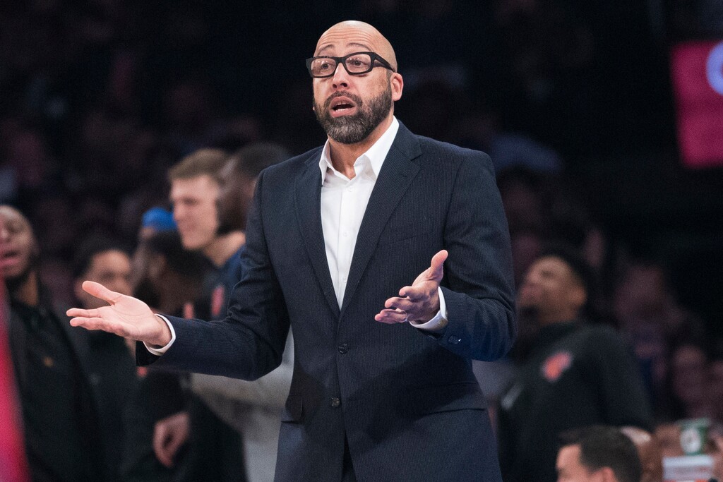 New York Knicks coach David Fizdale gestures during the first half of the team's NBA basketball game against the Detroit Pistons, Wednesday, April 10, 2019, at Madison Square Garden in New York. (AP Photo/Mary Altaffer)