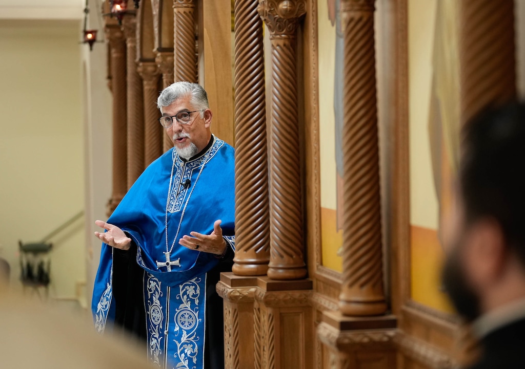 (Francisco Kjolseth  |  The Salt Lake Tribune) Father Anthony Savas of St. Anna Greek Orthodox Church in Sandy celebrates Archbishop Elpidophoros of America as he attends opening services on Saturday, July 13, 2024, at the new church that was transformed from a garden center into a sacred sanctuary by iconographers from Athens.