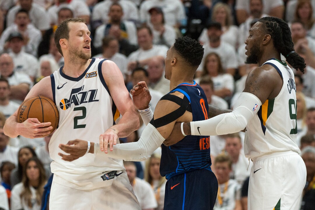 (Rick Egan  |  The Salt Lake Tribune)  Utah Jazz forward Joe Ingles (2) gets mixed up with Oklahoma City Thunder guard Russell Westbrook (0), in game 4, NBA playoff action between Utah Jazz and Oklahoma City Thunder, in Salt Lake City, Monday April 23, 2018.
