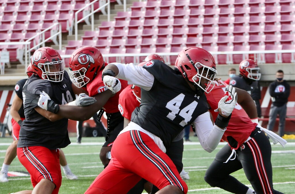 (Photo courtesy of Utah Athletics) Utes defensive end Xavier Carlton (44) goes through a drill during a recent practice