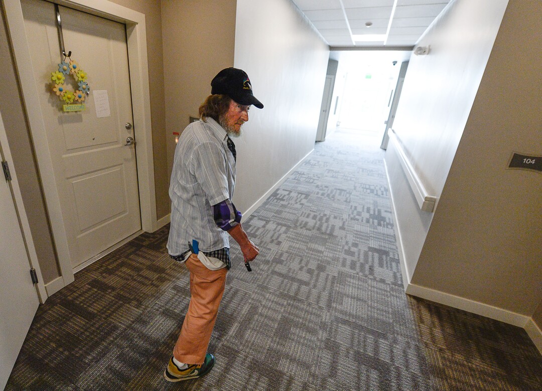 (Francisco Kjolseth  |  The Salt Lake Tribune)  Richard Dornik, 74, who used to be homeless in Salt Lake walks to his one bedroom place at Sharon Gardens Apartments in South Salt Lake, where he has lived for the last year and a half. Out of the 58 one bedroom units provided, 45 are for low income people with the 13 remaining at the market rate cost in an effort to help find solutions to the homeless problem. As three homeless resource centers come online to replace the existing downtown community shelter, which is slated for closure in September of 2019, community leaders are encouraging Salt Lake area landlords to making units available to people who have been homeless in an effort to move people into stable housing. 