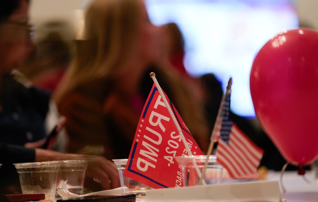(Francisco Kjolseth  | The Salt Lake Tribune) People gather for a GOP election night watch party, Tuesday, Nov. 5, 2024, in Draper. Donald Trump has weighed in on the race to lead the Utah Republican Party.