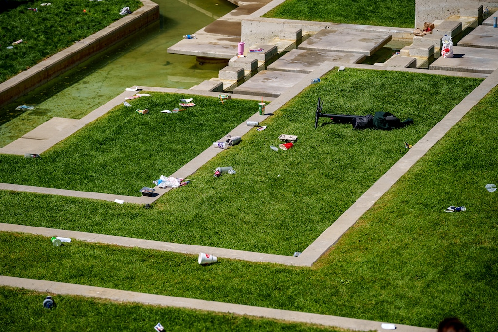 (Trent Nelson | The Salt Lake Tribune) The scene after a gunshot was fired at an appearance by Charlie Kirk at Utah Valley University in Orem on Wednesday, Sept. 10, 2025.