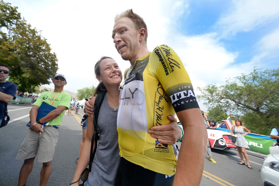 (Scott Sommerdorf   |  The Salt Lake Tribune)   Canadian Robert Britton is met by his girlfriend Ricki Hagen after winning the 2017 Tour of Utah, Sunday, August 6, 2017.  
