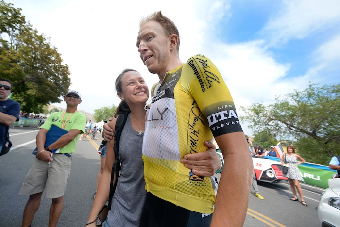 (Scott Sommerdorf   |  The Salt Lake Tribune)   Canadian Robert Britton is met by his girlfriend Ricki Hagen after winning the 2017 Tour of Utah, Sunday, August 6, 2017.  