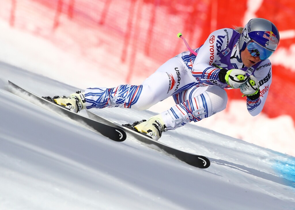 United States' Lindsey Vonn competes during an alpine ski, women's World Cup downhill in Cortina D'Ampezzo, Italy, Saturday, Jan. 19, 2019. (AP Photo/Marco Trovati)