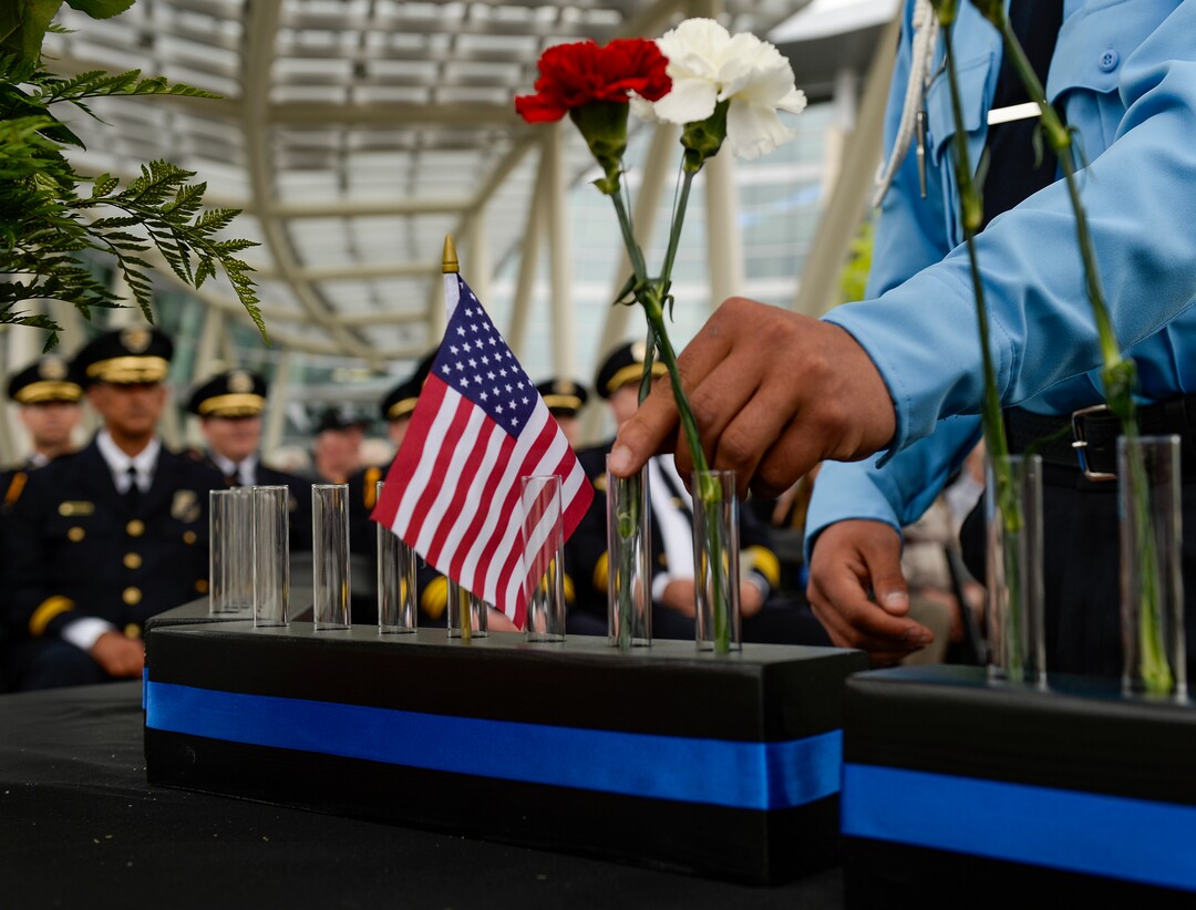(Leah Hogsten  |  The Salt Lake Tribune)  In honor of Police Week, the Salt Lake City Police Department honored its fallen officers with a memorial service and a 21-gun salute at the Public Safety Building, Thursday, May16, 2019.