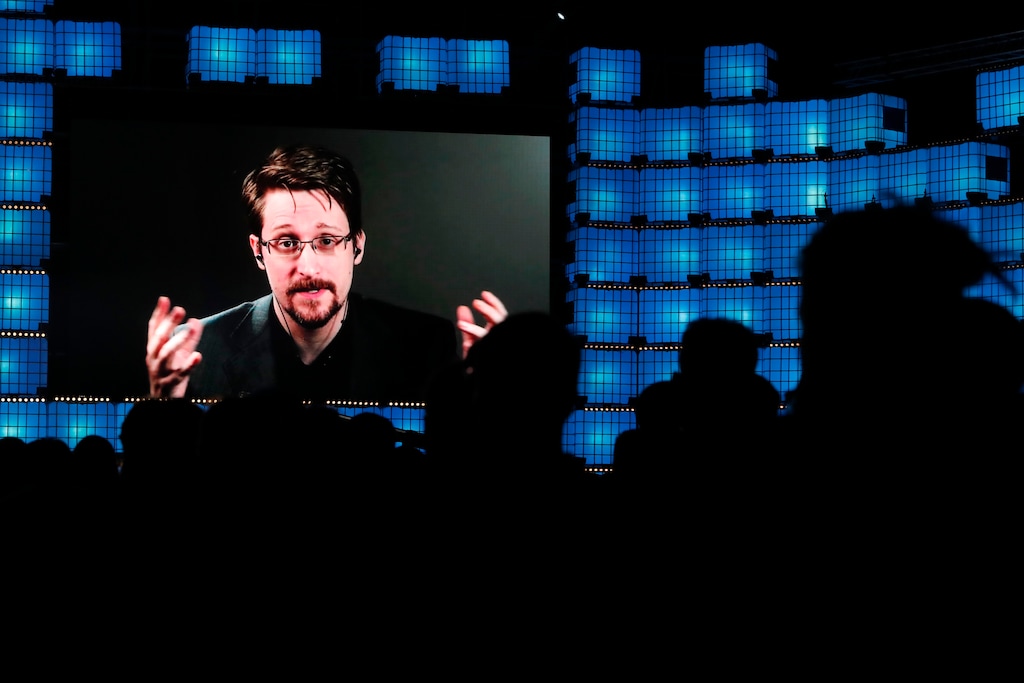 (Armando Franca | AP file photo)

In this Nov. 4, 2019, photo, former U.S. National Security Agency contractor Edward Snowden addresses attendees through video link at the Web Summit technology conference in Lisbon.