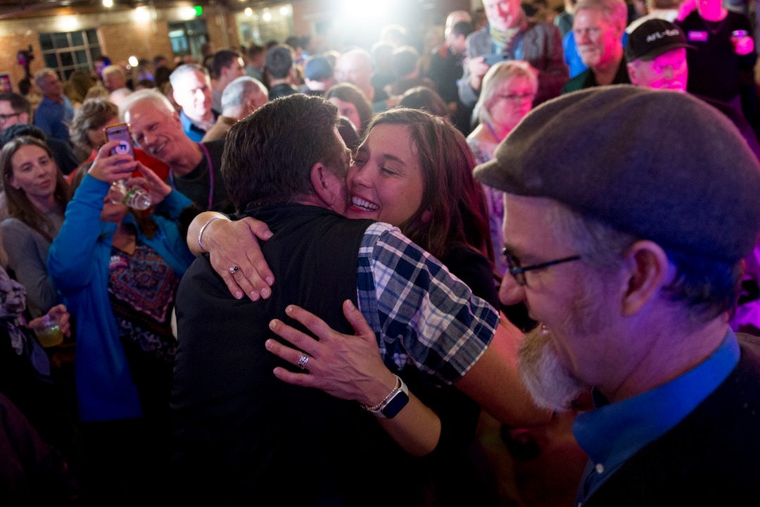 (Jeremy Harmon  |  The Salt Lake Tribune) Salt Lake City mayoral candidate Erin Mendenhall gets a hug from a supporter on election night Tuesday, Nov. 5, 2019.