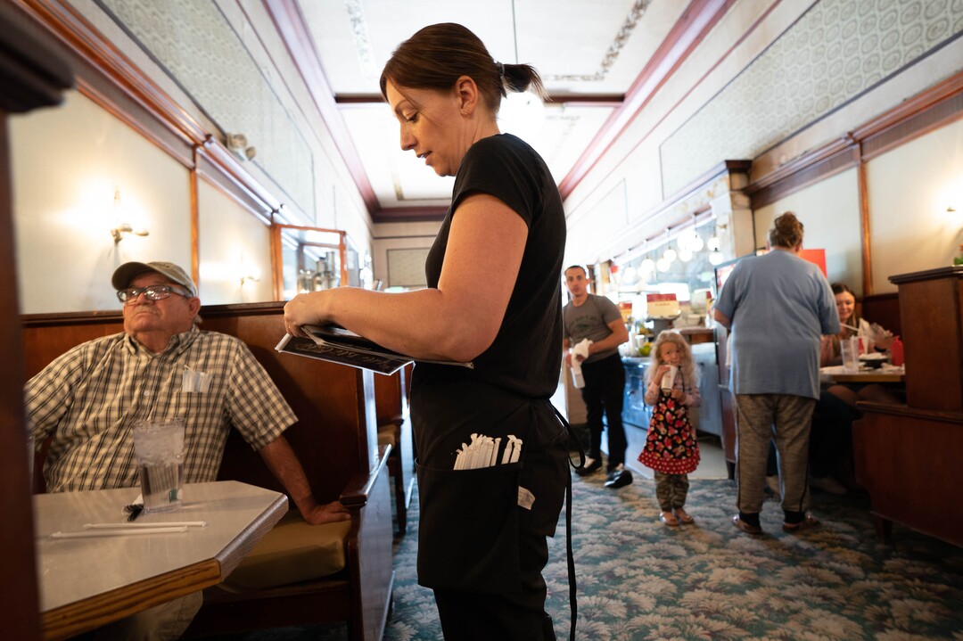 (Francisco Kjolseth | The Salt Lake Tribune) Andrea Jeppsen takes an order at Idle Isle Cafe in Brigham City on Friday, May 14, 2021. The popular restaurant is turning 100 this month.