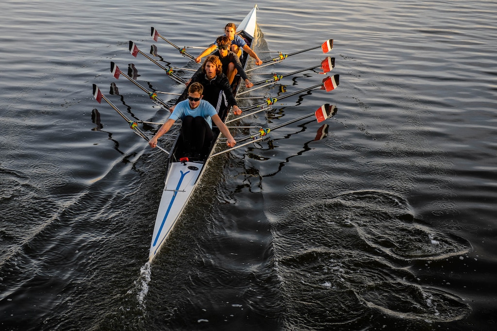 (Trent Nelson  |  The Salt Lake Tribune) Daniel Carlebach, Wilson Bielaczyc, Sasha Jovanovic-Hacon, Bruno Stehlik, and coxswain Emma Goldsmith during a Utah Crew workout on the Jordan River in Salt Lake City on Monday Nov. 4, 2019.