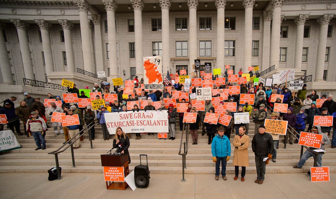 (Trent Nelson | The Salt Lake Tribune)  Ashley Soltysiak, Director of the Utah Sierra Club, speaks out against Rep. Chris Stewart's Grand Staircase bill that would create an Escalante National Park during a rally on the steps of the State Capitol Building in Salt Lake City, Tuesday December 12, 2017.