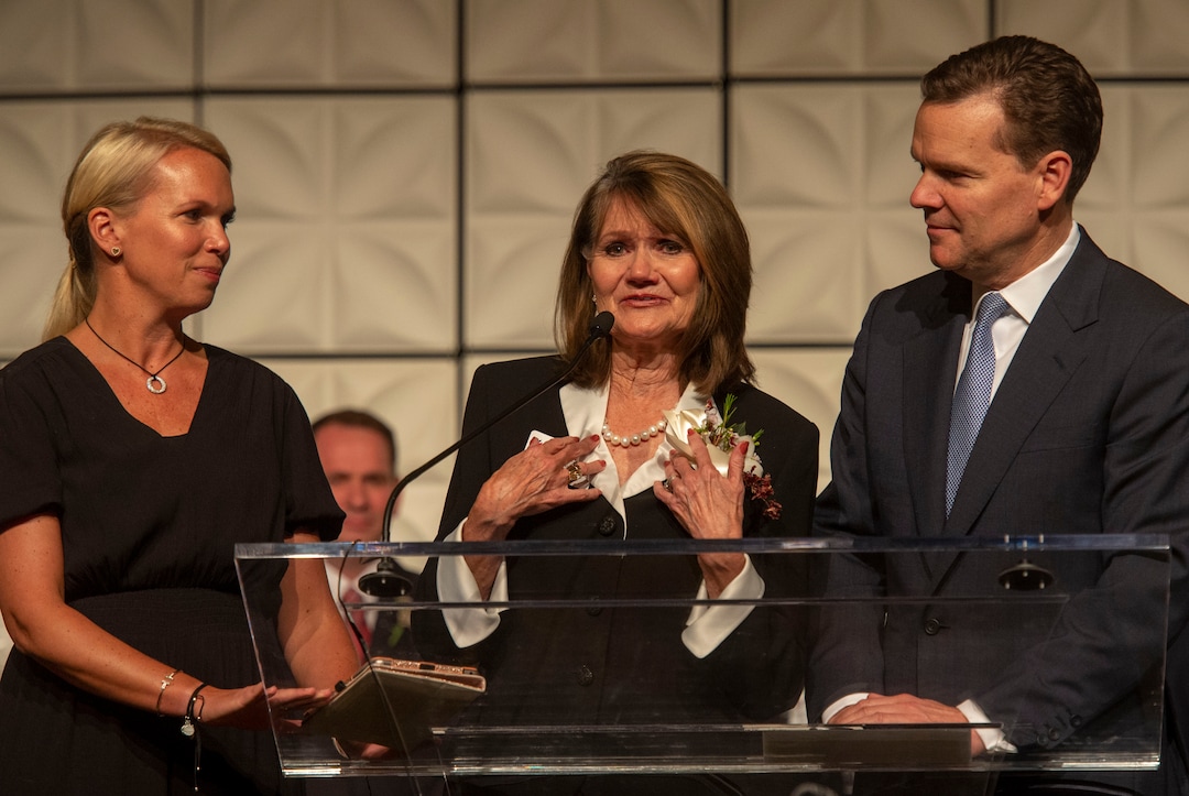 (Rick Egan  |  The Salt Lake Tribune)   Jennifer Huntsman Parkin, and Peter Huntsman listen as Education Award winner, Julie Webb Townsend, high school teacher at Roy High, says a few words, at the Huntsman Awards for Excellence in Education at the Grand America Hotel, Friday,  April 26, 2019.