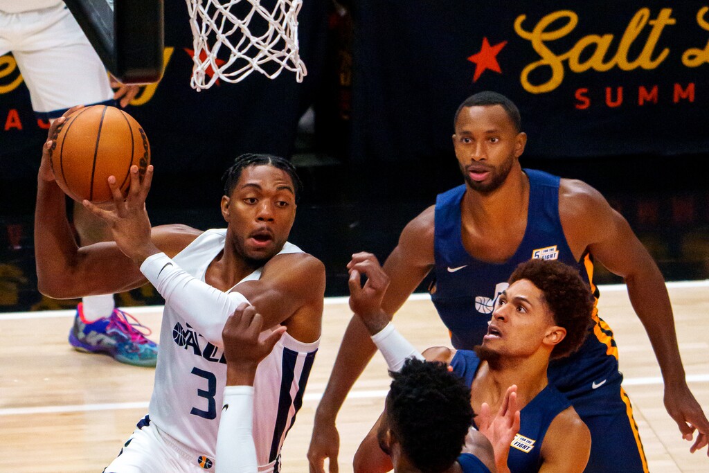 (Trent Nelson  |  The Salt Lake Tribune) Utah Jazz White forward Trent Forrest (3) looks to pass as Utah Jazz Blue faces Utah Jazz White in the Salt Lake City Summer League in Salt Lake City on Friday, Aug. 6, 2021.