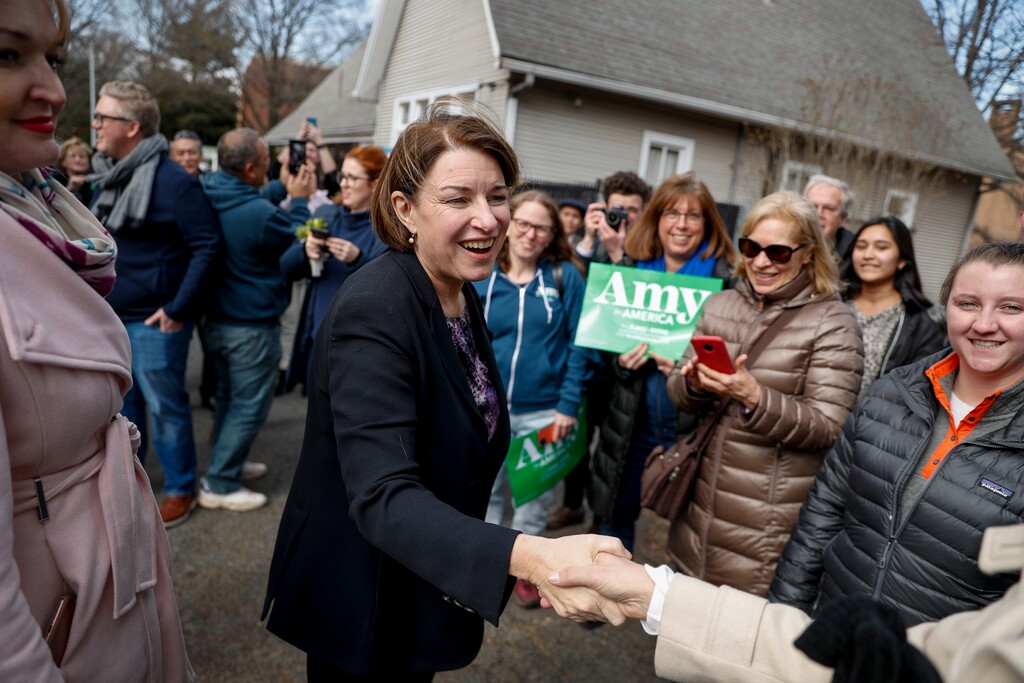 Democratic presidential candidate Sen. Amy Klobuchar, D-Minn., greets people after speaking at a rally at the State Theatre, Friday, Feb. 28, 2020, in Falls Church, Va. (AP Photo/Andrew Harnik)