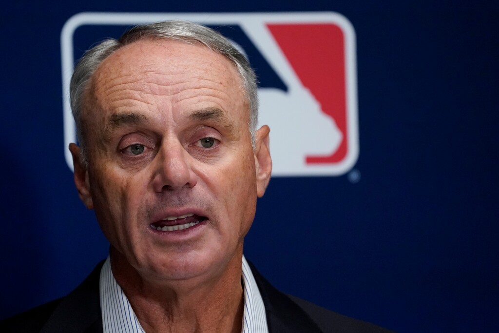 (John Minchillo | AP) Major League Baseball Commissioner Rob Manfred speaks to members of the media following an owners' meeting, Thursday, June 15, 2023, at MLB headquarters in New York.
