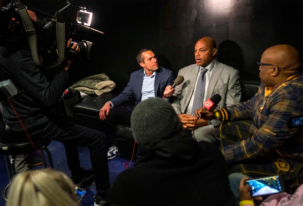 (Rick Egan | The Salt Lake Tribune)  Charles Barkley talks to reporters before filming the TNT show Inside the NBA from the Complex in Salt Lake City, on Thursday, Feb. 16, 2023.