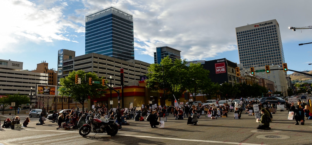 (Leah Hogsten  |  The Salt Lake Tribune) Demonstrators marched from the Utah Capitol down State Street, stopping at every intersection for five minutes in honor of George Floyd, June 8, 2020.