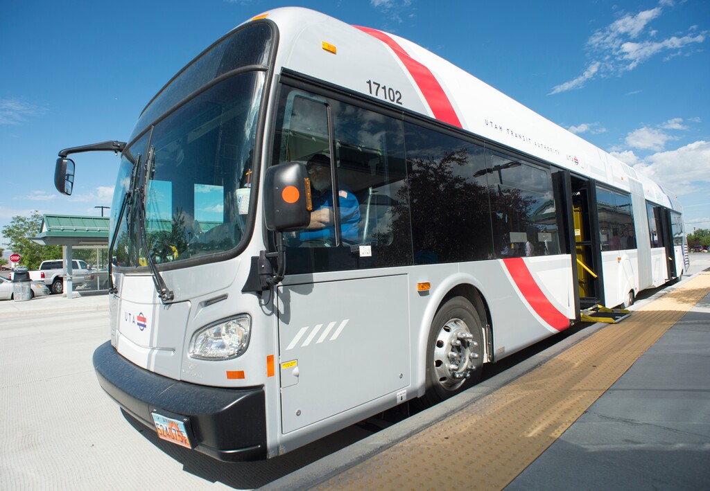 (Rick Egan  |  Tribune file photo)  This file photo from May 30, 2018, shows one of the buses now in use on the Utah Valley Express (UVX) between Orem and Provo. It is similar, though about a third longer than buses that will be used on the Midvalley Connector bus rapid transit line currently being planned to run from West Valley City, through Taylorsville to the Salt Lake Community College Redwood Campus, to the Murray Central Station near the Intermountain Medical Center.