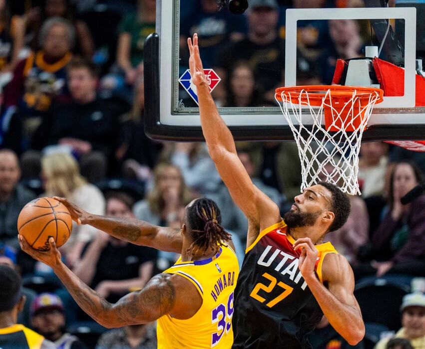 (Rick Egan | The Salt Lake Tribune) Los Angeles Lakers center Dwight Howard (39) shoots as Utah Jazz center Rudy Gobert (27) defends, in NBA action between the Utah Jazz and the Los Angeles Lakers, at Vivint Arena, on Thursday, March 31, 2022.