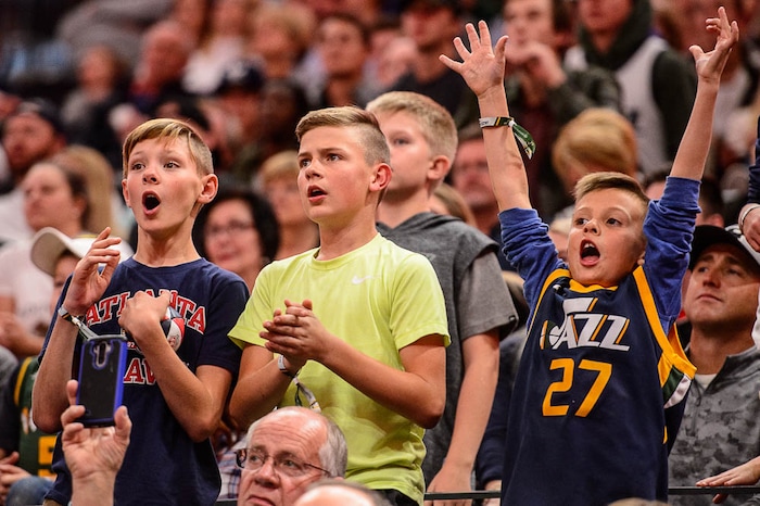 (Trent Nelson | The Salt Lake Tribune)  Utah Jazz fans react in the fourth quarter as the Utah Jazz host the Portland Trail Blazers, NBA basketball in Salt Lake City, Wednesday November 1, 2017.