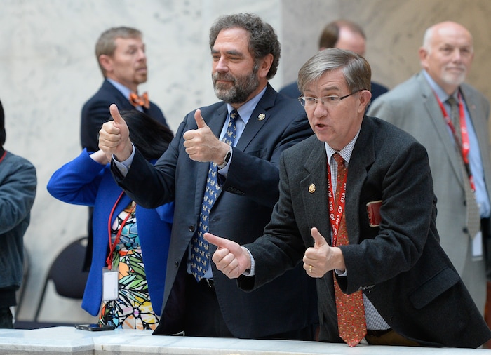 (Francisco Kjolseth  |  The Salt Lake Tribune)  Rep. Brian King, D-Salt Lake, left, and Rep. Joe Briscoe, D-Salt Lake, give the thumbs up to demonstrators gathered at the Capitol rotunda on Monday, Jan, 28, 2019, on the first day of the Legislative session to rally in support of protecting Proposition 3, the Medicaid Expansion law recently passed by voters.