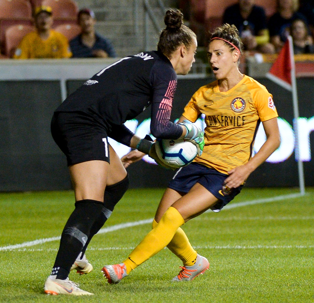 (Leah Hogsten  |  The Salt Lake Tribune) Utah Royals FC midfielder Vero Boquete (21) reacts to Sky Blue FC goalkeeper Kailen Sheridan (1) as the Utah Royals FC host Sky Blue FC, August 7, 2019 at Rio Tinto Stadium.