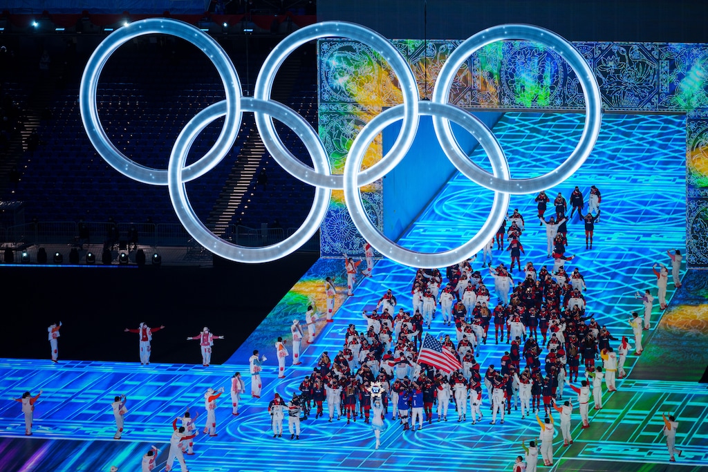 (Trent Nelson  |  The Salt Lake Tribune) Team USA walks in the parade of athletes during the opening ceremony of the 2022 Winter Olympics at the National Stadium in Beijing on Friday, Feb. 4, 2022.