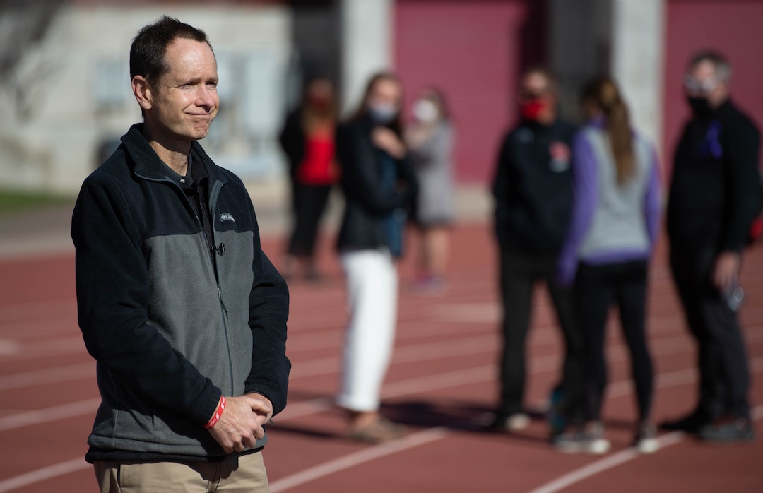 (Francisco Kjolseth  |  The Salt Lake Tribune) Matt McCluskey takes about some of his daughter’s favorite qualities as people gather for a memorial walk on the track where her daughter Lauren McCluskey used to compete, during a remembrance in her honor on the two-year anniversary of her murder on Thursday, Oct. 22, 2020.