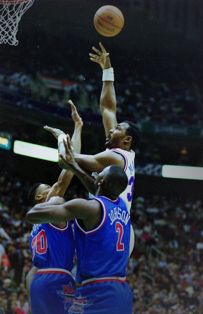 (Steve Griffin  | Tribune File Photo)  Karl Malone takes a shot for the West team, in the 1993 All Star Game at the Delta Center in Salt Lake City, Sunday, Feb. 21, 1993.