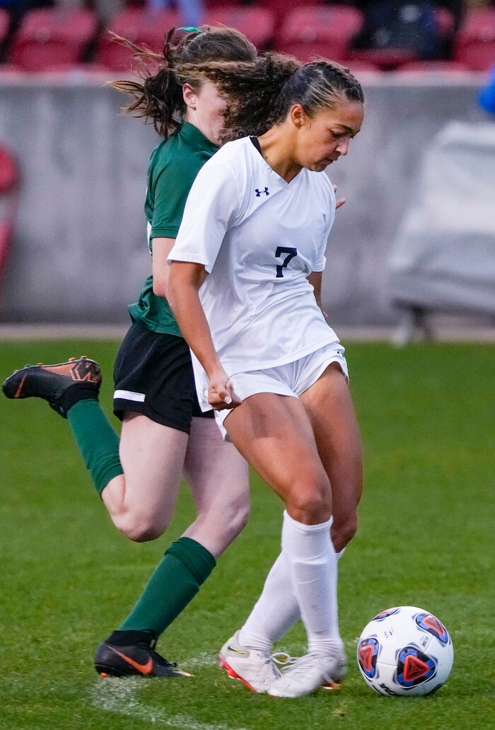 (Leah Hogsten | The Salt Lake Tribune)  Waterford's Seven Castain hits the back of RHSM's net for a goal in the second half. Waterford School defeated Rowland Hall-St. Marks High School, 4-3 to win the 2A State Soccer Championship game Oct. 23, 2021 at Rio Tinto Stadium.